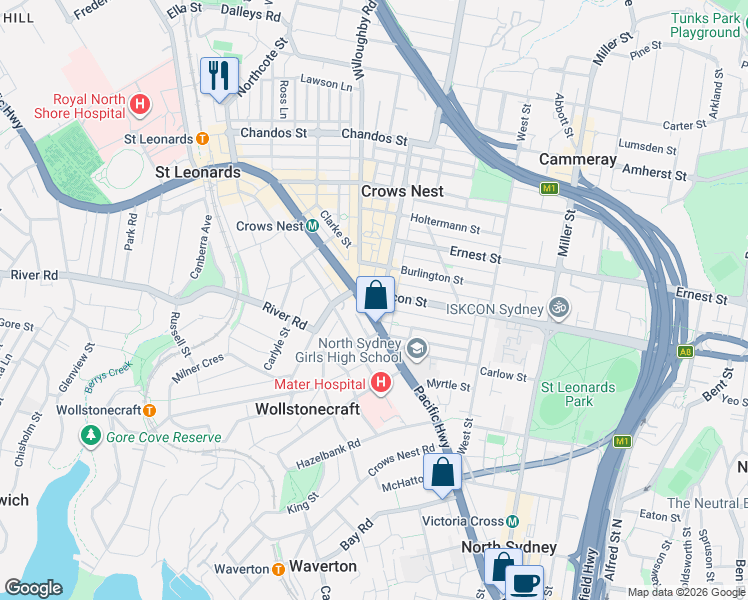 map of restaurants, bars, coffee shops, grocery stores, and more near in Crows Nest