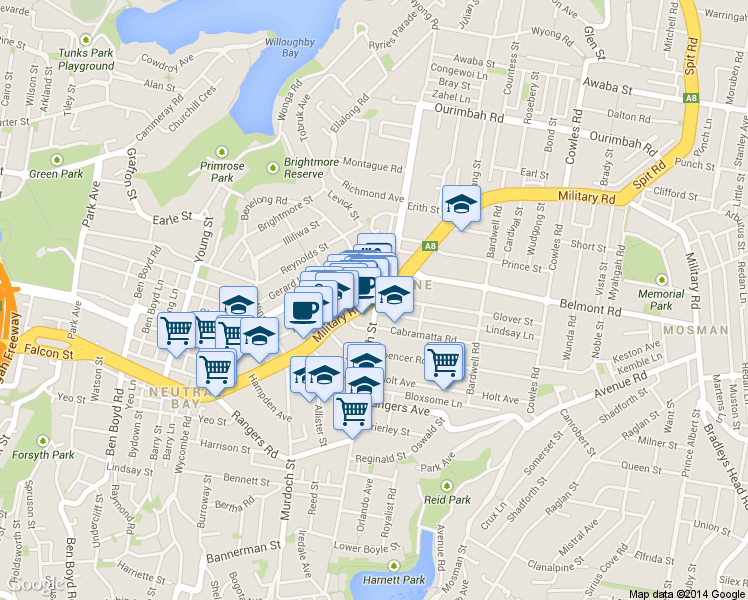 map of restaurants, bars, coffee shops, grocery stores, and more near 388 Military Road in Cremorne