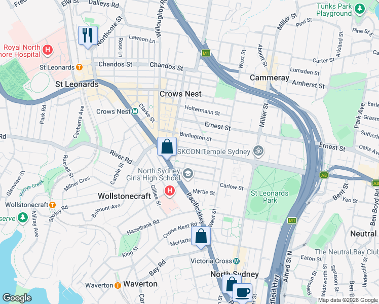 map of restaurants, bars, coffee shops, grocery stores, and more near 27 Falcon Street in Crows Nest
