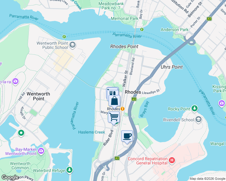 map of restaurants, bars, coffee shops, grocery stores, and more near 39 Marquet Street in Rhodes