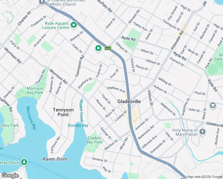 map of restaurants, bars, coffee shops, grocery stores, and more near 28 Hepburn Avenue in Gladesville