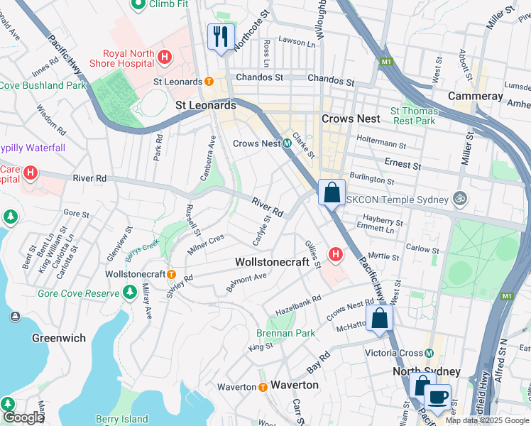 map of restaurants, bars, coffee shops, grocery stores, and more near 14 Carlyle Street in Wollstonecraft