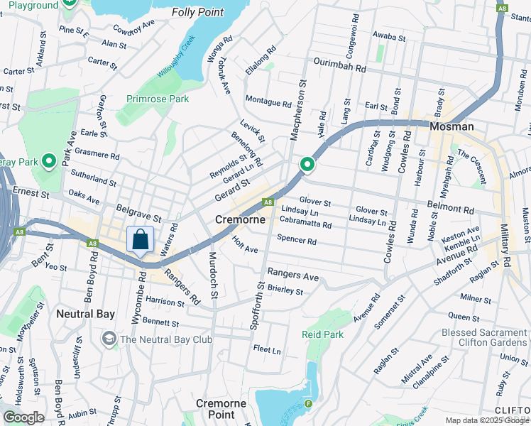 map of restaurants, bars, coffee shops, grocery stores, and more near 287 Military Road in Cremorne