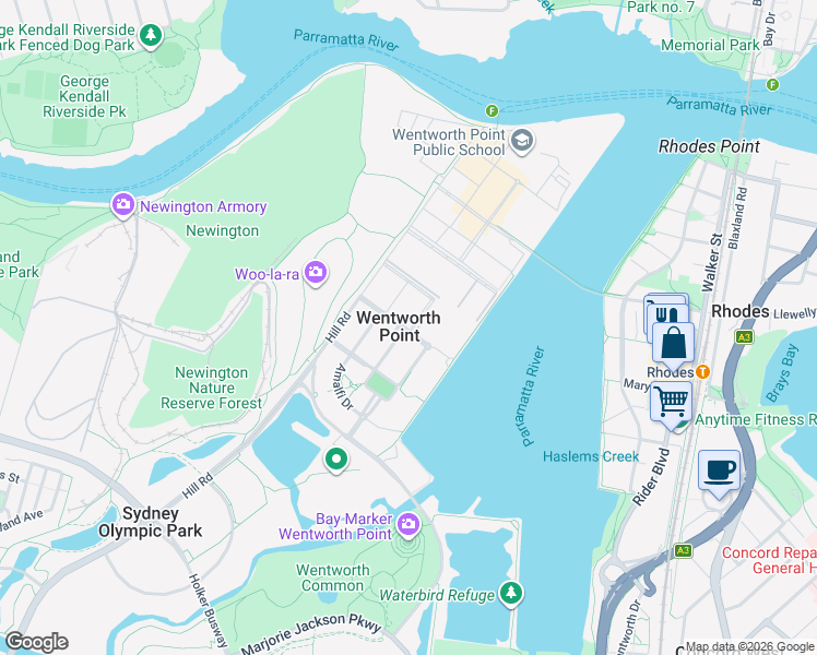 map of restaurants, bars, coffee shops, grocery stores, and more near 19 Baywater Drive in Wentworth Point