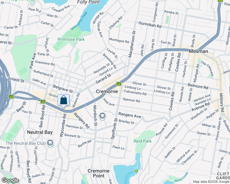 map of restaurants, bars, coffee shops, grocery stores, and more near 114-116 Cabramatta Road in Cremorne