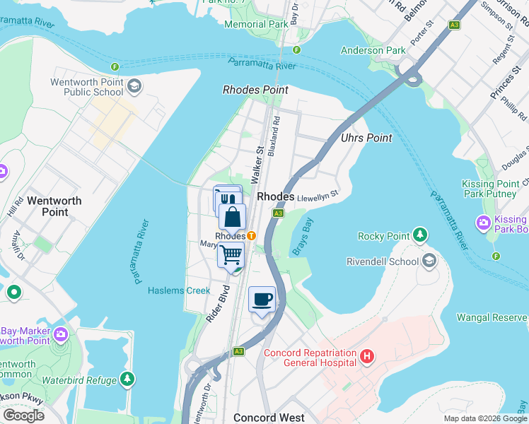 map of restaurants, bars, coffee shops, grocery stores, and more near 33 Blaxland Road in Rhodes