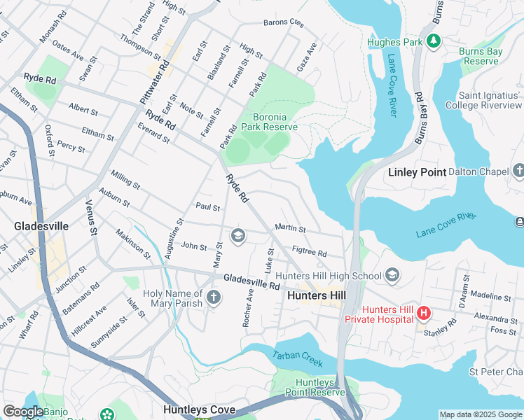 map of restaurants, bars, coffee shops, grocery stores, and more near 71 Ryde Road in Hunters Hill