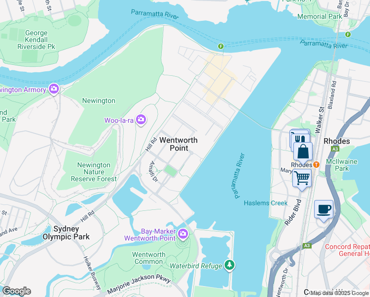 map of restaurants, bars, coffee shops, grocery stores, and more near 22 Baywater Drive in Wentworth Point