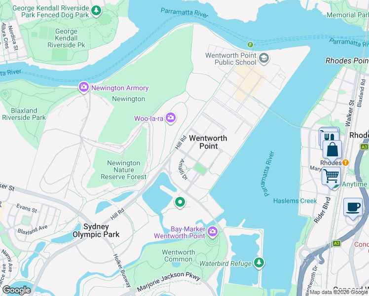 map of restaurants, bars, coffee shops, grocery stores, and more near 21 Hill Road in Wentworth Point