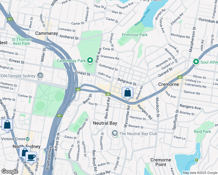 map of restaurants, bars, coffee shops, grocery stores, and more near 192 Ben Boyd Road in Neutral Bay