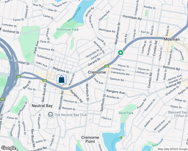 map of restaurants, bars, coffee shops, grocery stores, and more near Military Road in Cremorne