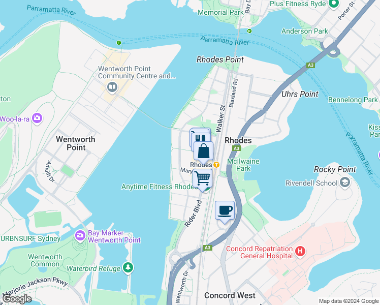 map of restaurants, bars, coffee shops, grocery stores, and more near 6 Marquet Street in Rhodes