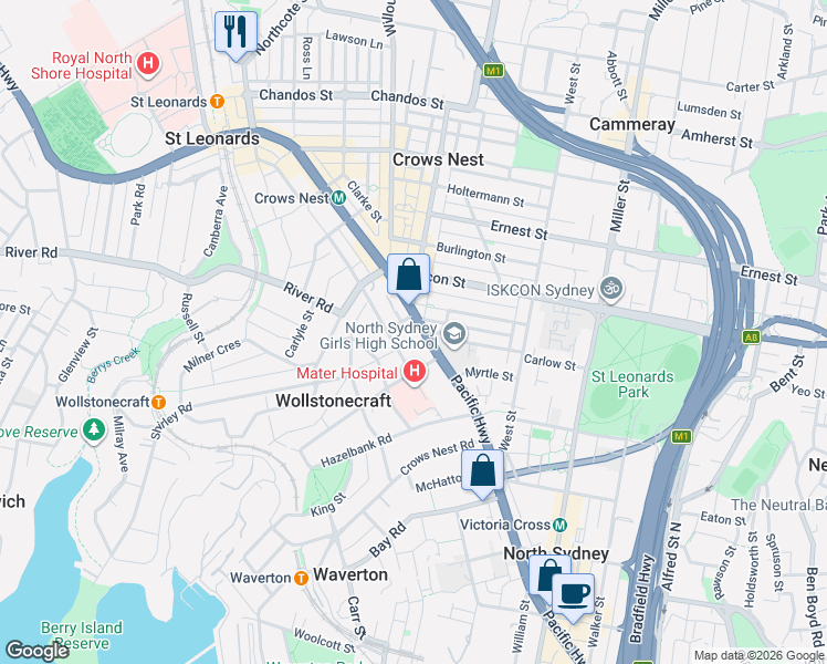 map of restaurants, bars, coffee shops, grocery stores, and more near 236 Pacific Highway in Crows Nest