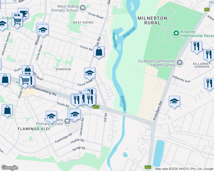 map of restaurants, bars, coffee shops, grocery stores, and more near 6 Rivers Edge Road in Cape Town