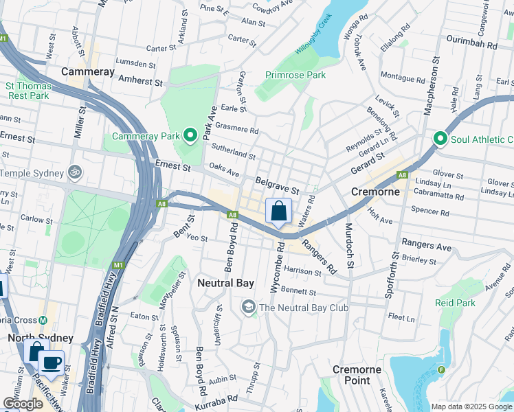 map of restaurants, bars, coffee shops, grocery stores, and more near 21 Grosvenor Street in Neutral Bay