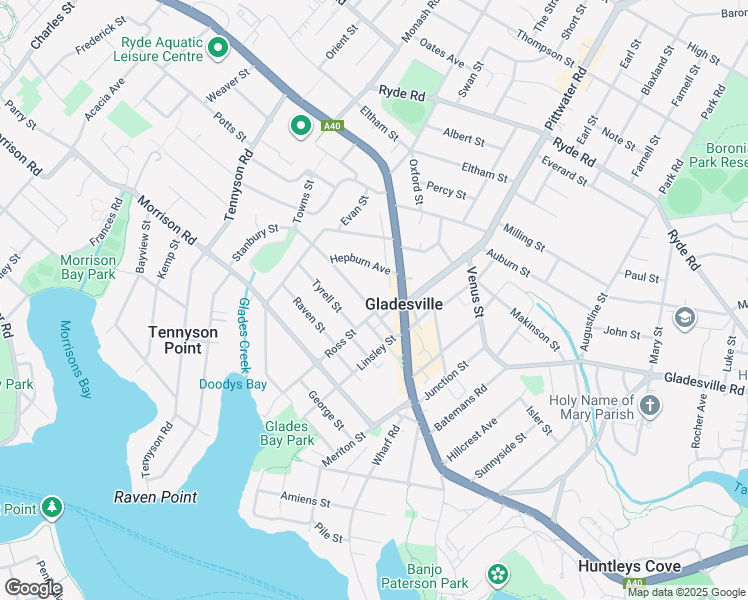 map of restaurants, bars, coffee shops, grocery stores, and more near 3 Western Crescent in Gladesville