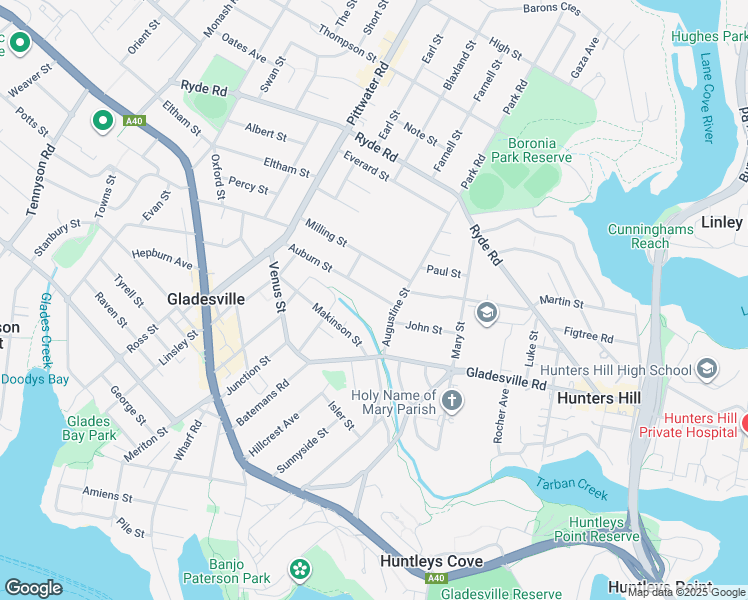 map of restaurants, bars, coffee shops, grocery stores, and more near 8 Auburn Street in Hunters Hill