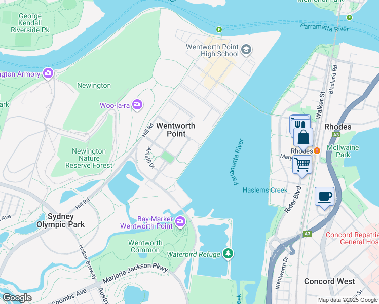 map of restaurants, bars, coffee shops, grocery stores, and more near 33 The Promenade in Wentworth Point
