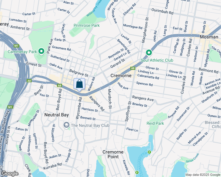 map of restaurants, bars, coffee shops, grocery stores, and more near 63 Murdoch Street in Cremorne