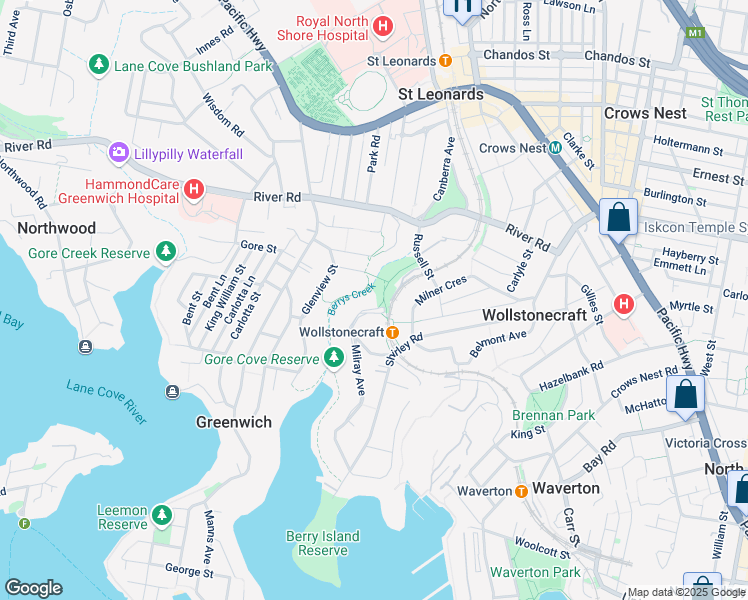 map of restaurants, bars, coffee shops, grocery stores, and more near 86 Milray Avenue in Wollstonecraft