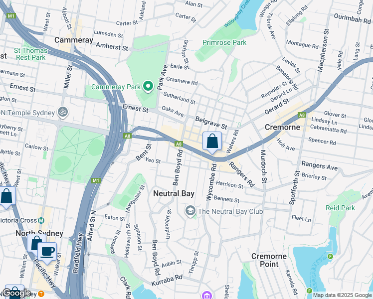 map of restaurants, bars, coffee shops, grocery stores, and more near 99 Military Road in Neutral Bay