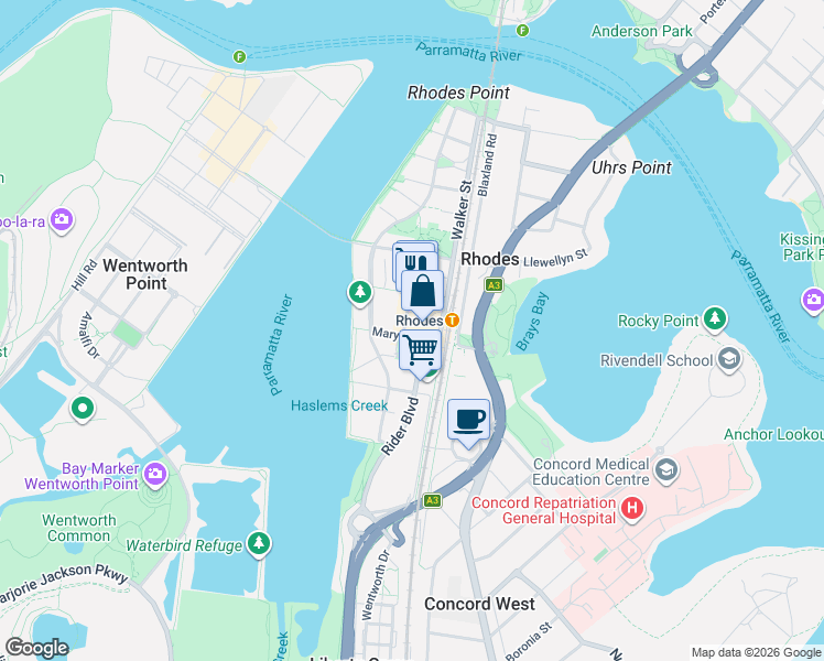 map of restaurants, bars, coffee shops, grocery stores, and more near 1 Marquet Street in Rhodes