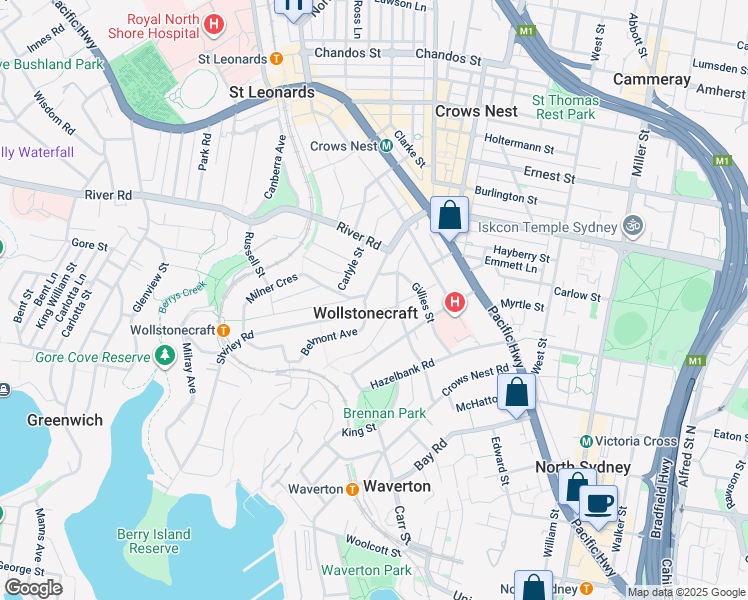 map of restaurants, bars, coffee shops, grocery stores, and more near 71 Shirley Road in Wollstonecraft