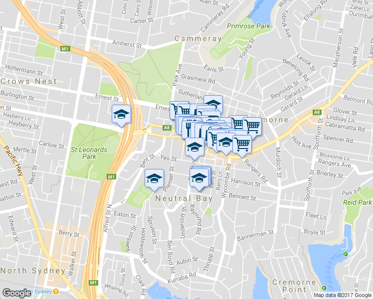 map of restaurants, bars, coffee shops, grocery stores, and more near 11-17 Watson Street in Neutral Bay
