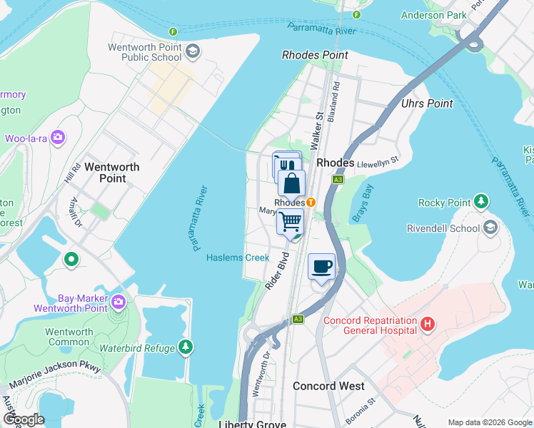 map of restaurants, bars, coffee shops, grocery stores, and more near 13 Mary Street in Rhodes