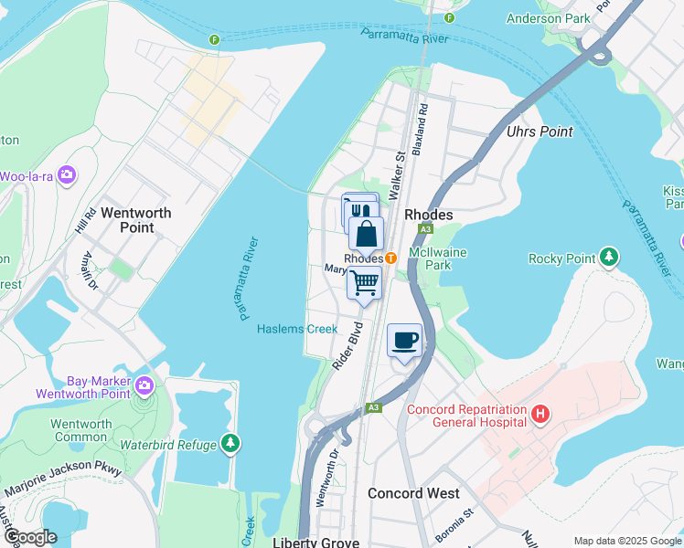 map of restaurants, bars, coffee shops, grocery stores, and more near 11 Mary Street in Rhodes