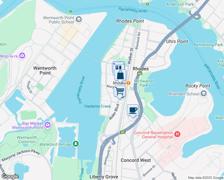 map of restaurants, bars, coffee shops, grocery stores, and more near 11 Mary Street in Rhodes