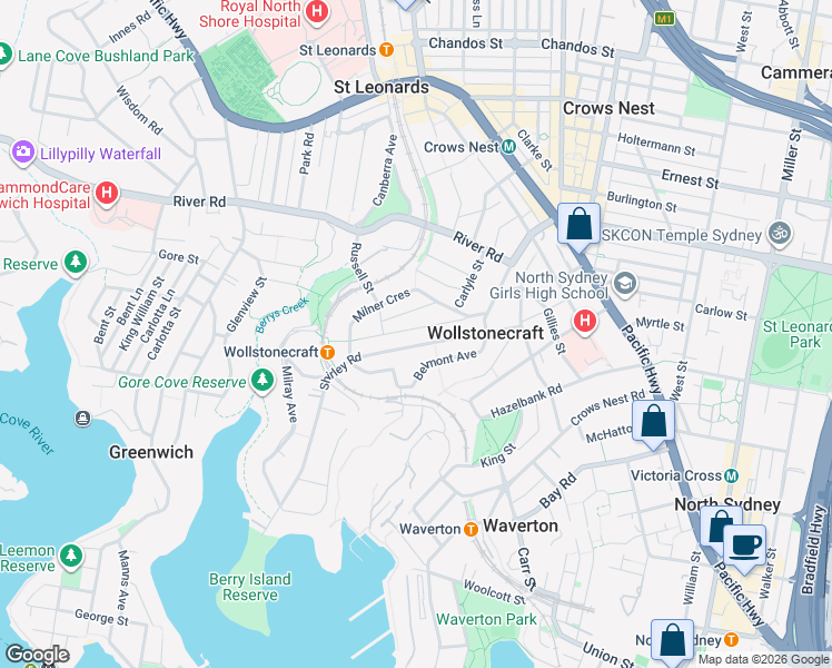 map of restaurants, bars, coffee shops, grocery stores, and more near 70 Shirley Road in Wollstonecraft