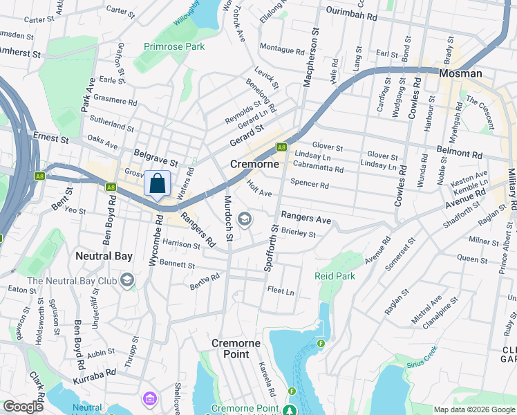 map of restaurants, bars, coffee shops, grocery stores, and more near 26 Cranbrook Avenue in Sydney