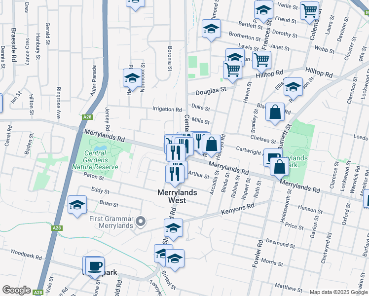map of restaurants, bars, coffee shops, grocery stores, and more near 6 Centenary Road in Merrylands