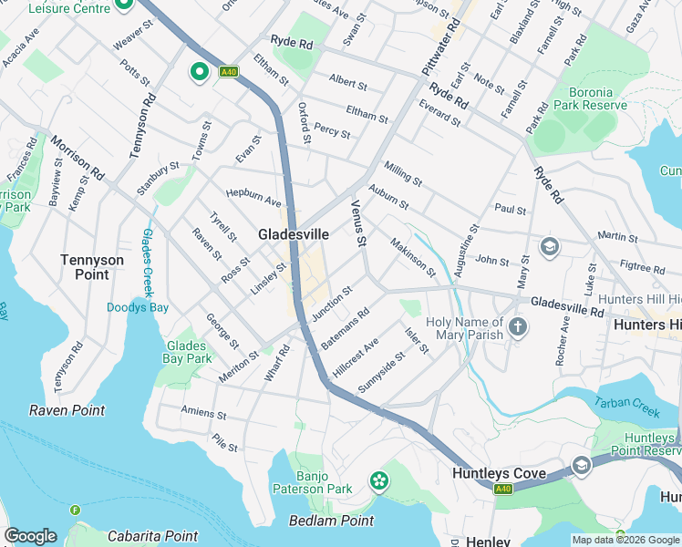 map of restaurants, bars, coffee shops, grocery stores, and more near 19 Cowell Street in Gladesville