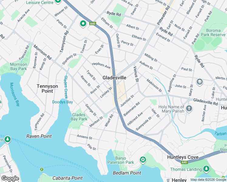 map of restaurants, bars, coffee shops, grocery stores, and more near 188 Victoria Road in Gladesville