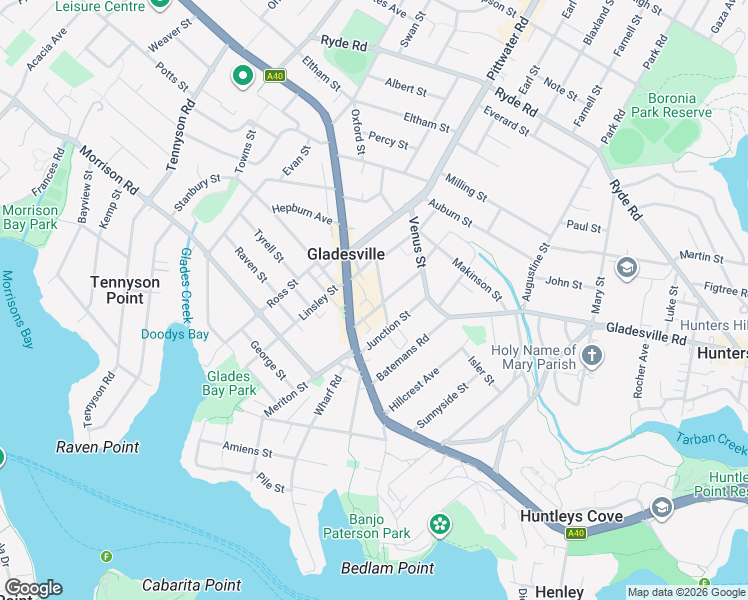 map of restaurants, bars, coffee shops, grocery stores, and more near 8 Cowell Street in Gladesville