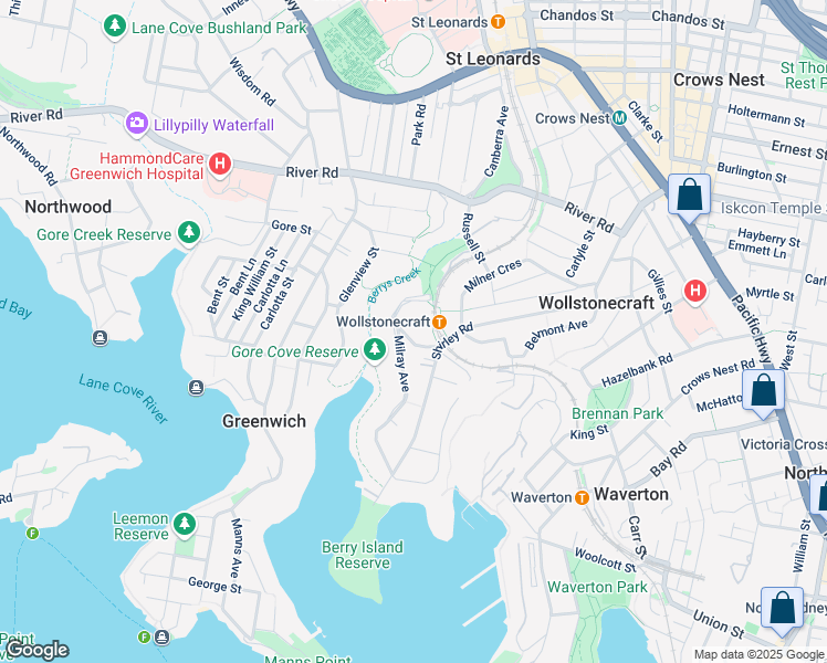 map of restaurants, bars, coffee shops, grocery stores, and more near 5-9 Telopea Street in Wollstonecraft