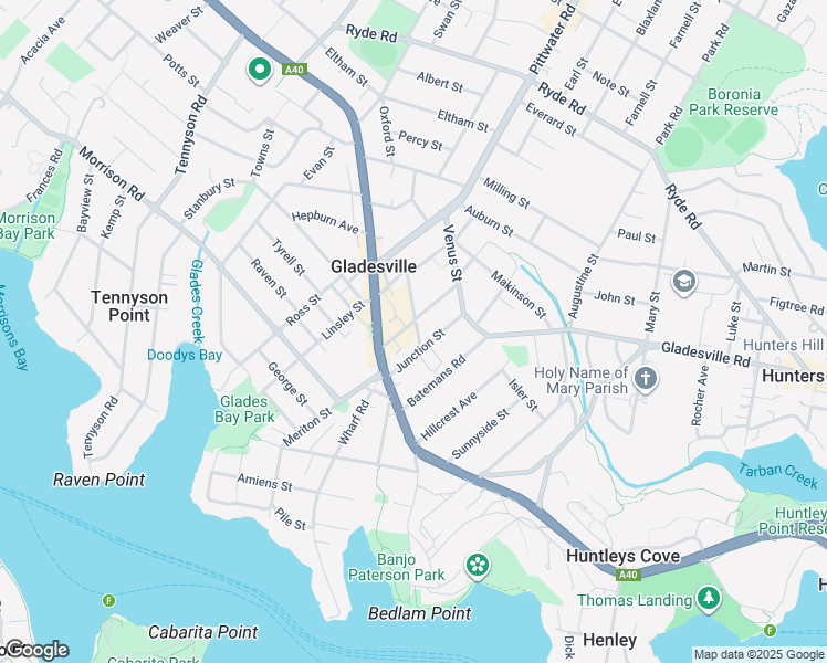 map of restaurants, bars, coffee shops, grocery stores, and more near 9 Cowell Street in Gladesville