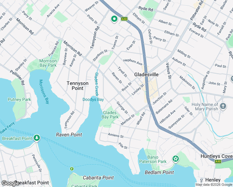 map of restaurants, bars, coffee shops, grocery stores, and more near 42 Morrison Road in Gladesville
