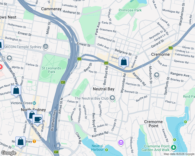 map of restaurants, bars, coffee shops, grocery stores, and more near 6-8 Hardie Street in Neutral Bay