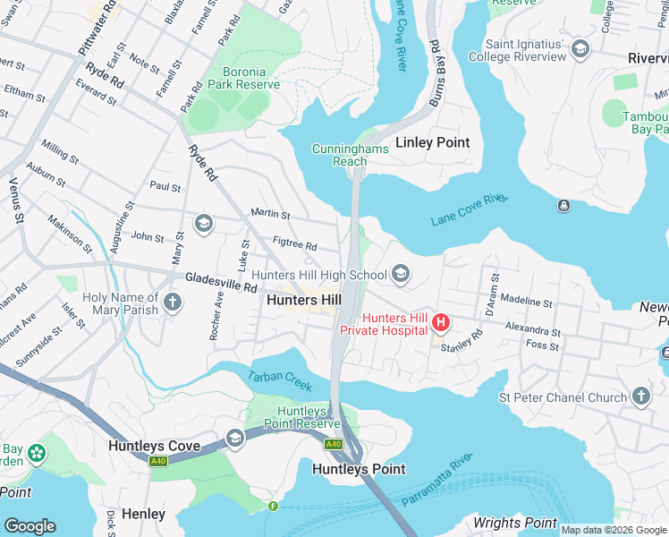map of restaurants, bars, coffee shops, grocery stores, and more near 20 Joubert Street in Hunters Hill