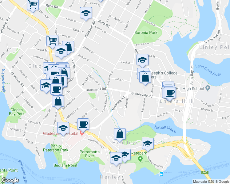 map of restaurants, bars, coffee shops, grocery stores, and more near 3 Gladesville Road in Hunters Hill