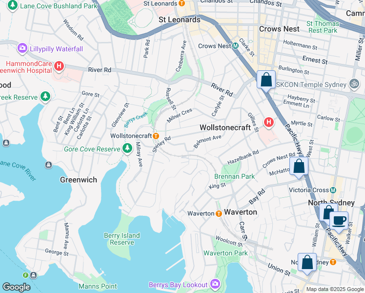 map of restaurants, bars, coffee shops, grocery stores, and more near 9 Belmont Avenue in Wollstonecraft