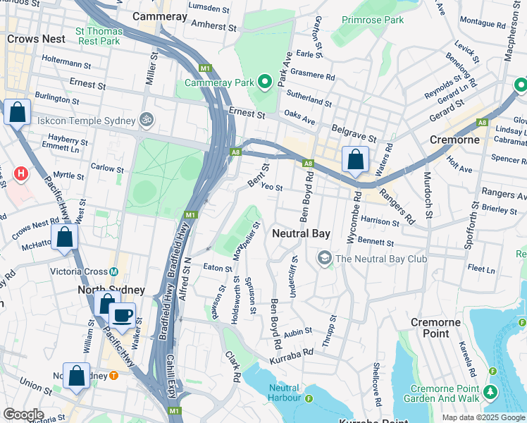 map of restaurants, bars, coffee shops, grocery stores, and more near 2 Montpelier Street in Neutral Bay