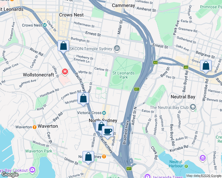 map of restaurants, bars, coffee shops, grocery stores, and more near 59 Ridge Street in North Sydney
