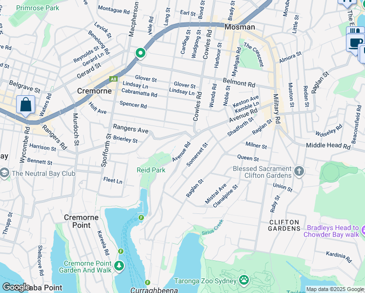 map of restaurants, bars, coffee shops, grocery stores, and more near 16 Avenue Road in Mosman