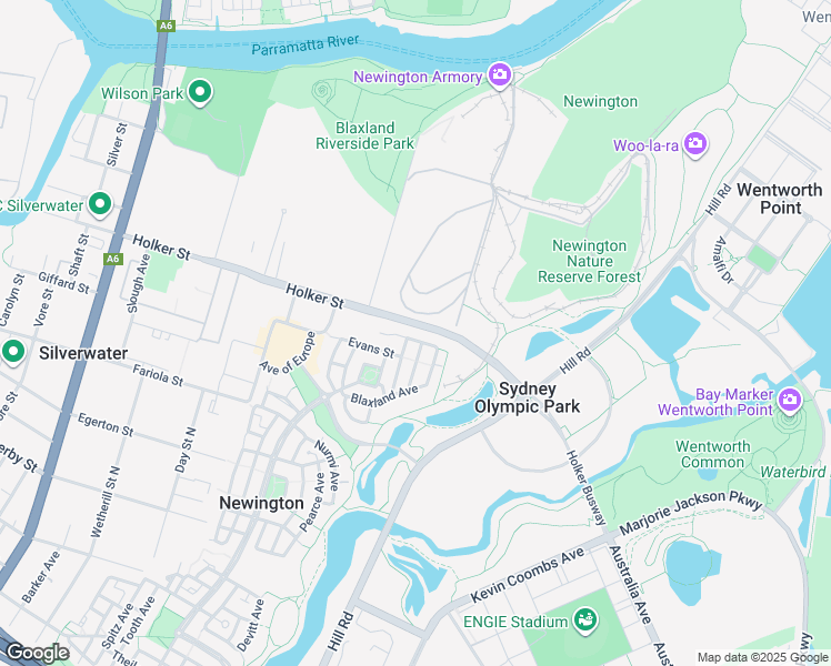 map of restaurants, bars, coffee shops, grocery stores, and more near 7 Blaxland Avenue in Newington