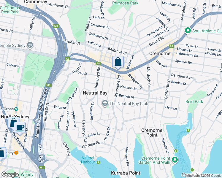 map of restaurants, bars, coffee shops, grocery stores, and more near 37 Barry Street in Neutral Bay