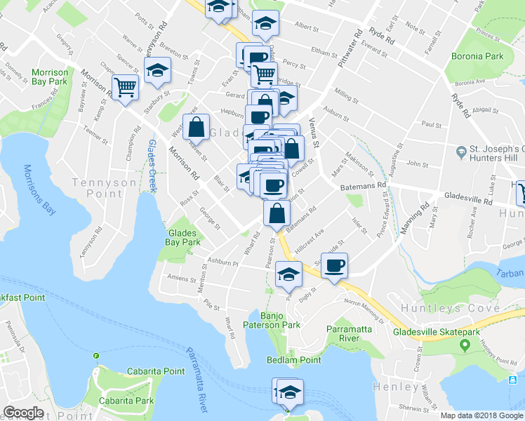 map of restaurants, bars, coffee shops, grocery stores, and more near in Gladesville
